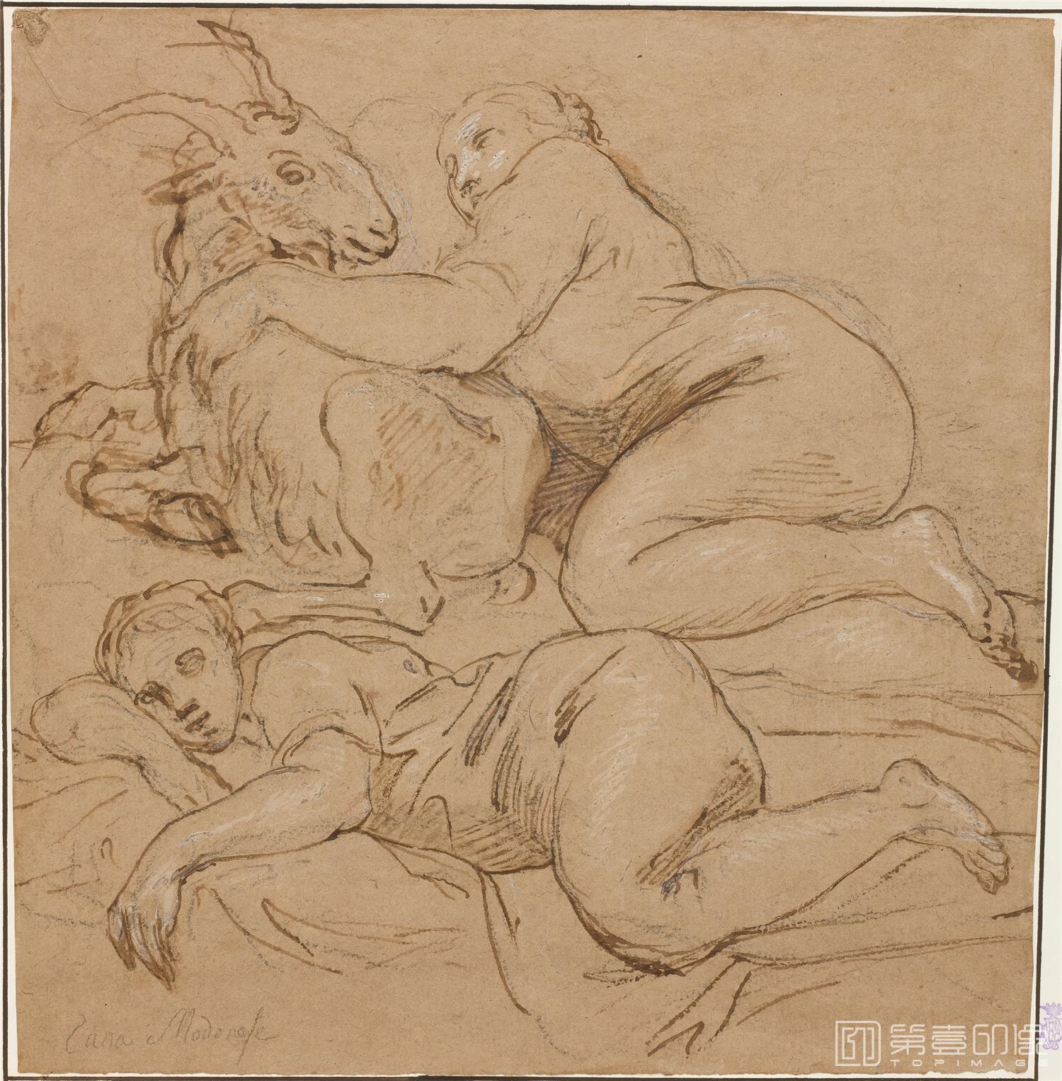 素描-西班牙普拉多美术馆素描藏画-Lana da Modena, Ludovico-Dos estudios de figura femenina tendida en el suelo-1293
